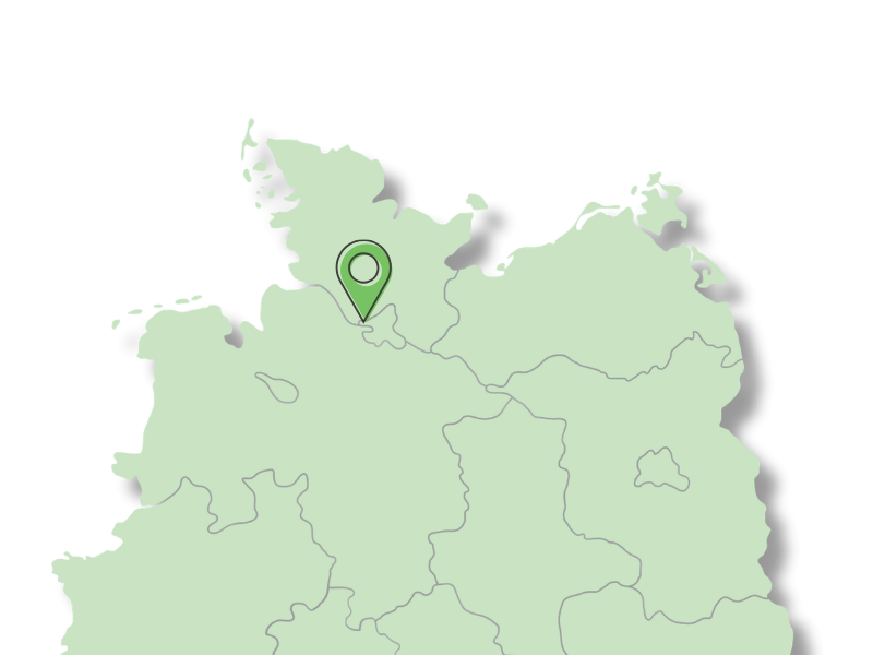 Schematische Landkarte von Nordwestdeutschland mit einem grünen Standort-Pin in der Region Pinneberg.