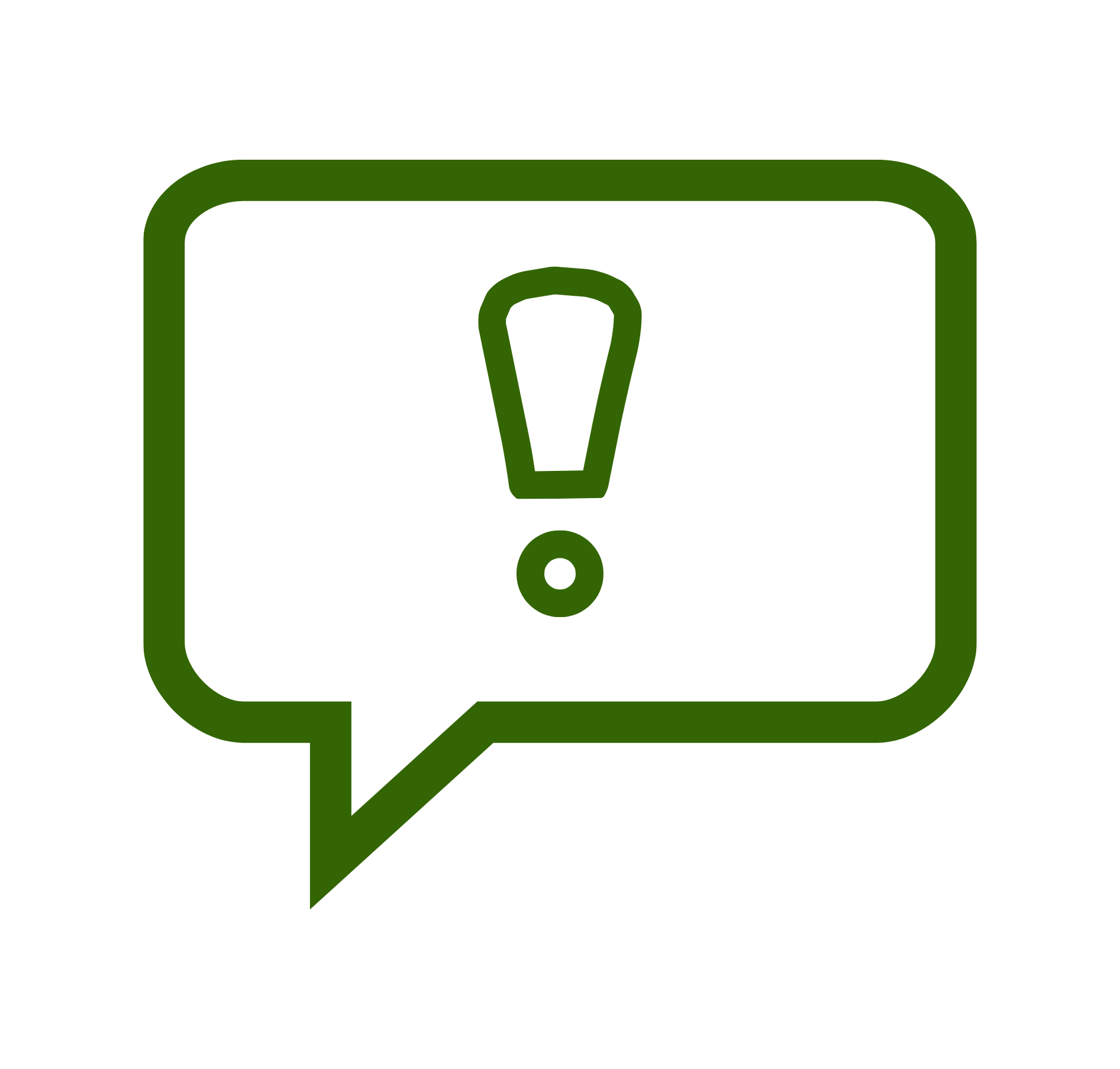 Lineares Reklamations-Icon: orange Sprechblase mit Ausrufezeichen im Stil der Raiffeisen Bio-Brennstoffe.