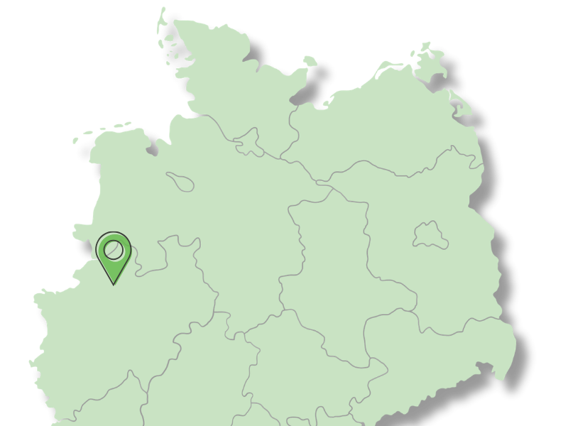 Schematische Landkarte von Nordwestdeutschland mit einem grünen Standort-Pin in der Region Münster.