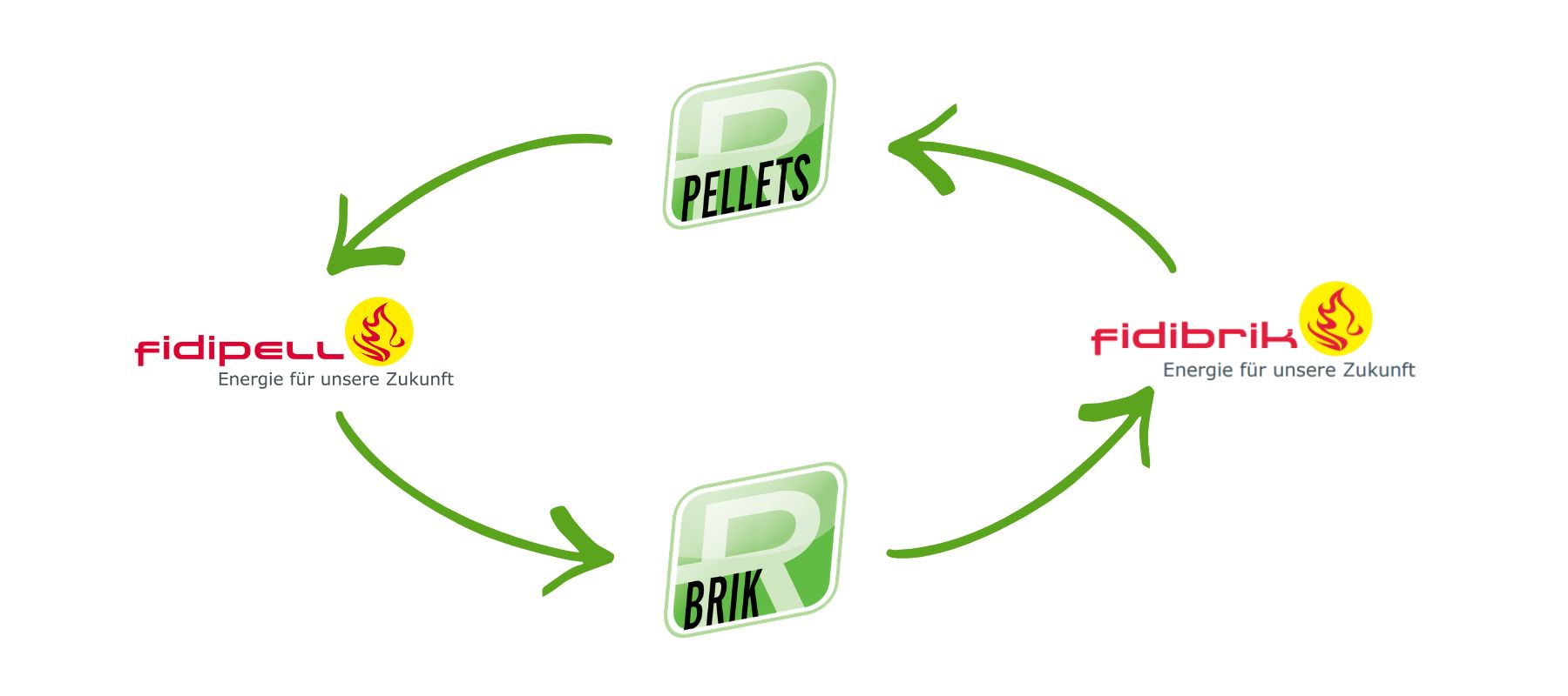 Grafik mit den Marken fidipell® und fidibrik®, verbunden durch grüne Pfeile zu den Logos RPellets® und RBrik®.