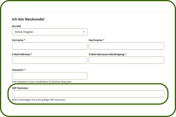 Screenshot eines Registrierungsformulars mit Eingabefeldern für persönliche Daten und hervorgehobener Eingabe für die VEP‑Nummer.