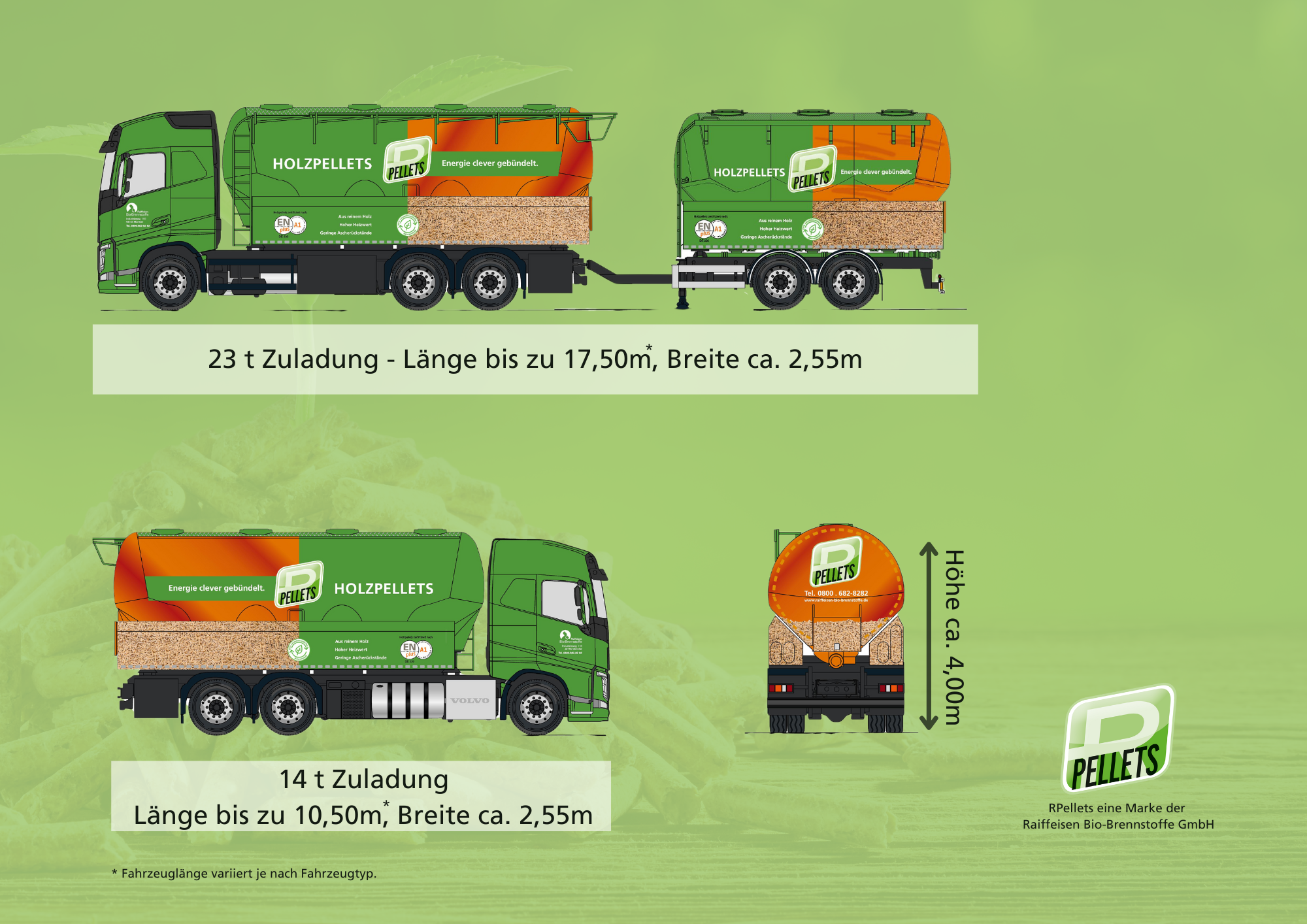Illustration zweier Holzpellet-LKW der Raiffeisen Bio-Brennstoffe mit Angaben zu Zuladung, Länge, Breite und Höhe. Übersicht unseres Fuhrparks.