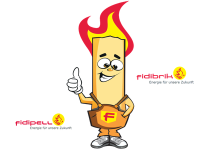 Comicfigur in Form eines Holzpellets mit Flamme am Kopf, Daumen nach oben und orangefarbener Latzhose mit rotem F‑Logo. Daneben stehen die Markenlogos fidipell® und fidibrik®.