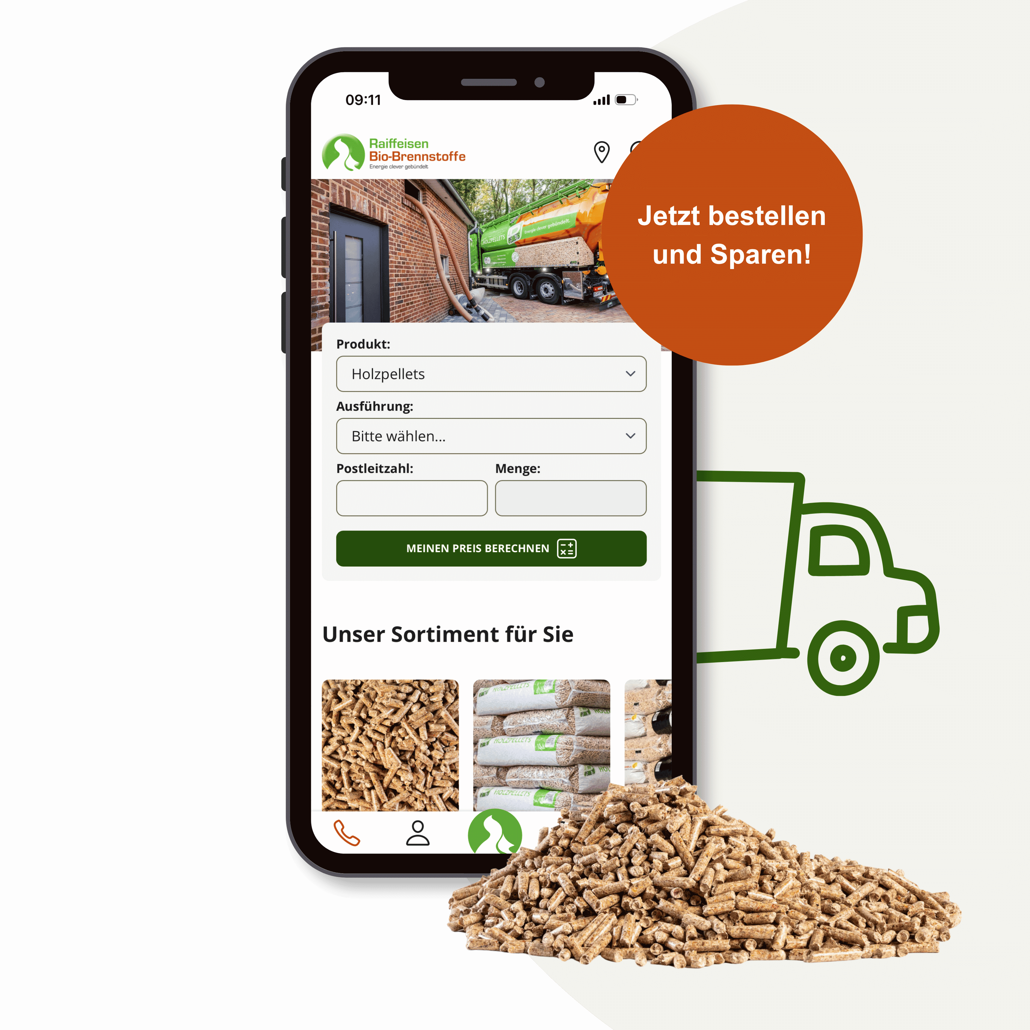 Smartphone mit dem Raiffeisen Bio‑Brennstoffe Onlineshop, Holzpellets im Vordergrund und LKW‑Symbol – Hinweis auf Frühjahrsaktion und bequeme Online‑Bestellung von Holzpellets