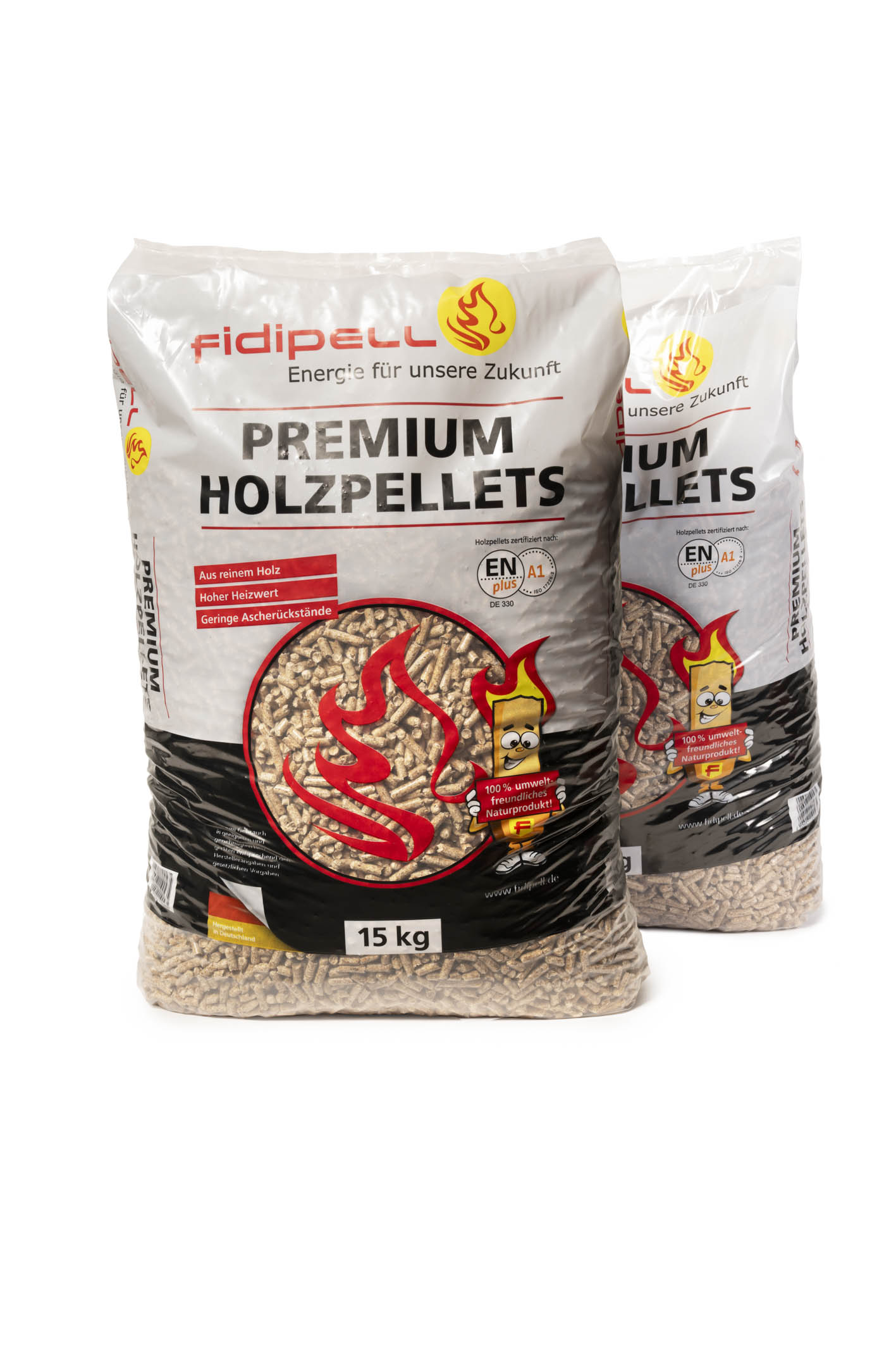 Freistellerfoto von zwei Säcken fidipell Holzpellets