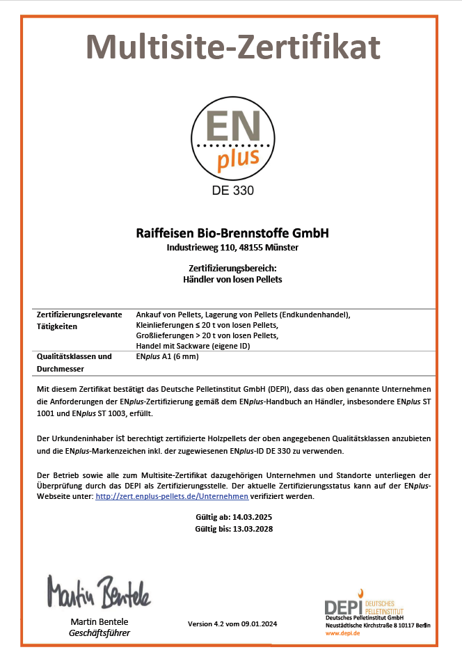 Zertifikatsdokument ‚Multisite‑Zertifikat ENplus DE 330‘ für Raiffeisen Bio‑Brennstoffe GmbH mit Angaben zu Zertifizierungsbereich, Tätigkeiten und Gültigkeitszeitraum.