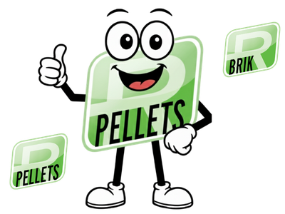 Comicfigur in Form eines grünen RPellets‑Logos mit Armen, Beinen und Daumen‑hoch‑Geste; daneben schwebende RPellets®‑ und RBrik®‑Logos.