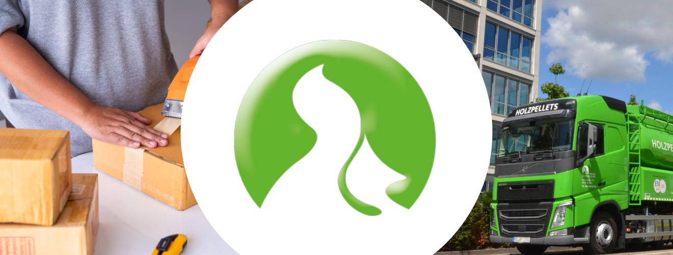 Bannerbild mit einer Person, die Kartons verpackt, einem grünen Raiffeisen-Bio-Brennstoffe-Logo in der Mitte und einem grünen LKW für Holzpellets auf der rechten Seite.