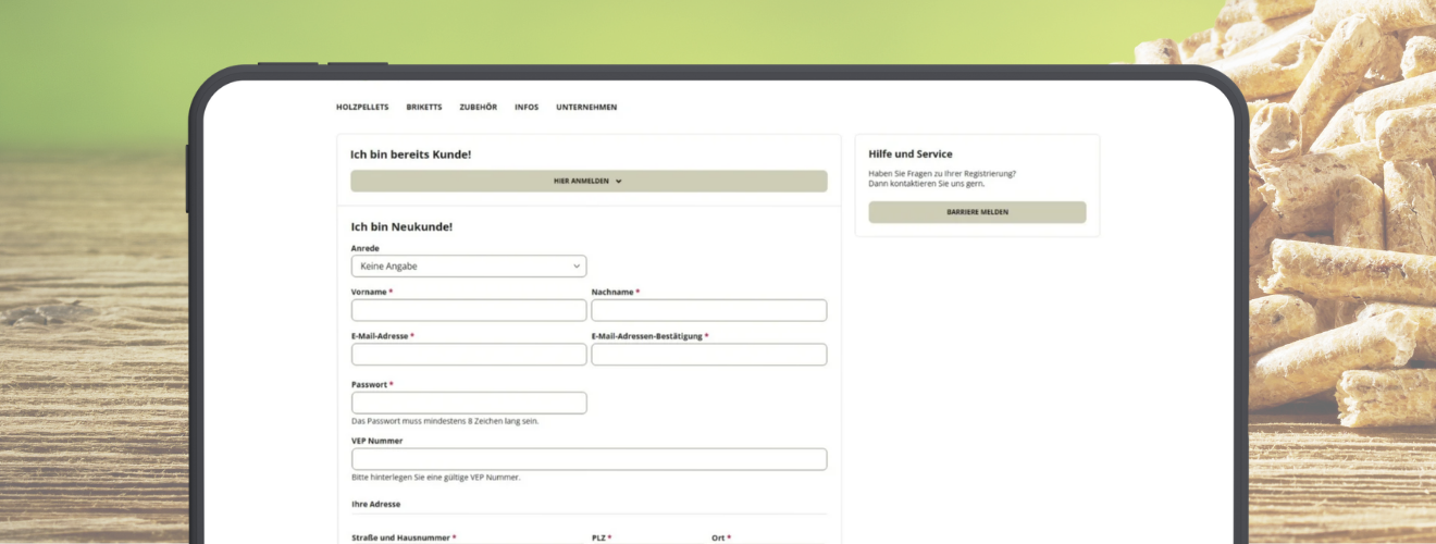 Ein ausschnitt eines Tablets auf dem der Neukundenanlagebereich des Raiffeisen Bio-Brennstoffe Webshops zu sehen ist.