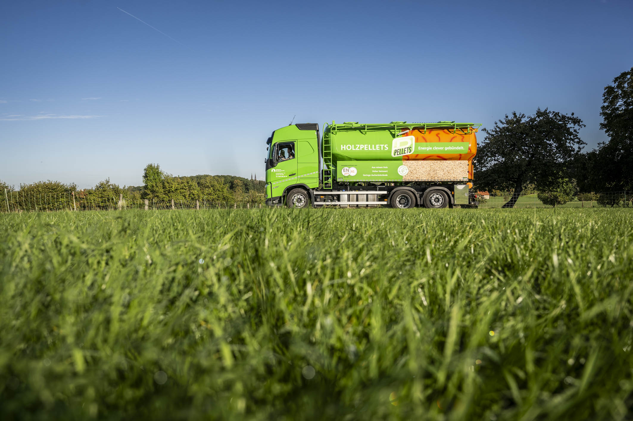 Grünes Holzpellets‑Silofahrzeug steht auf einer Wiese, umgeben von Bäumen und blauem Himmel.